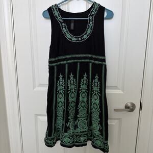 INC Black Sleeveless Tank Jersey Sun Dress w/Emerald Green Embroidery